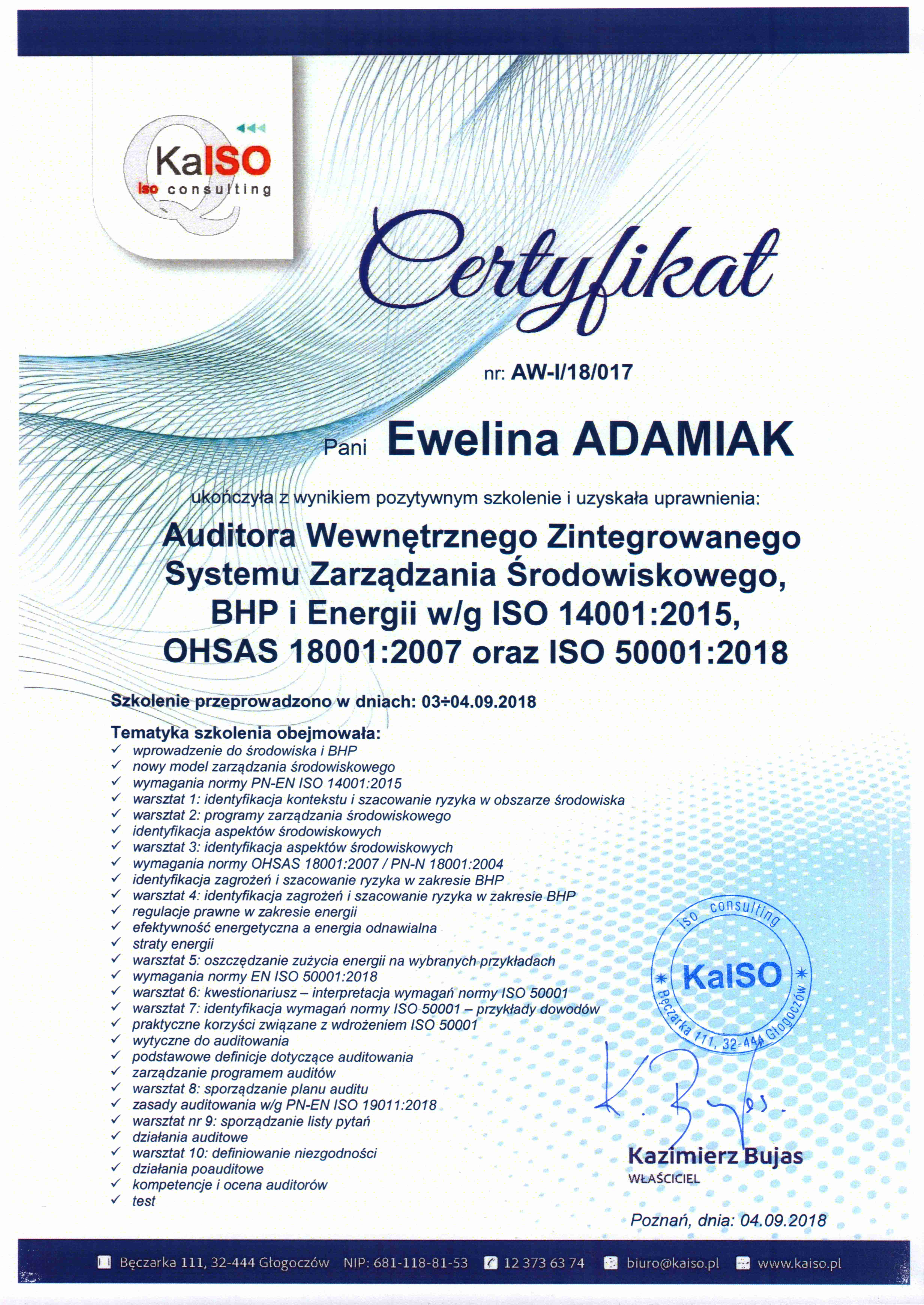 Certyfikat Auditora Wewnętrznego ZSZ Jakości, Środowiska i BHP
