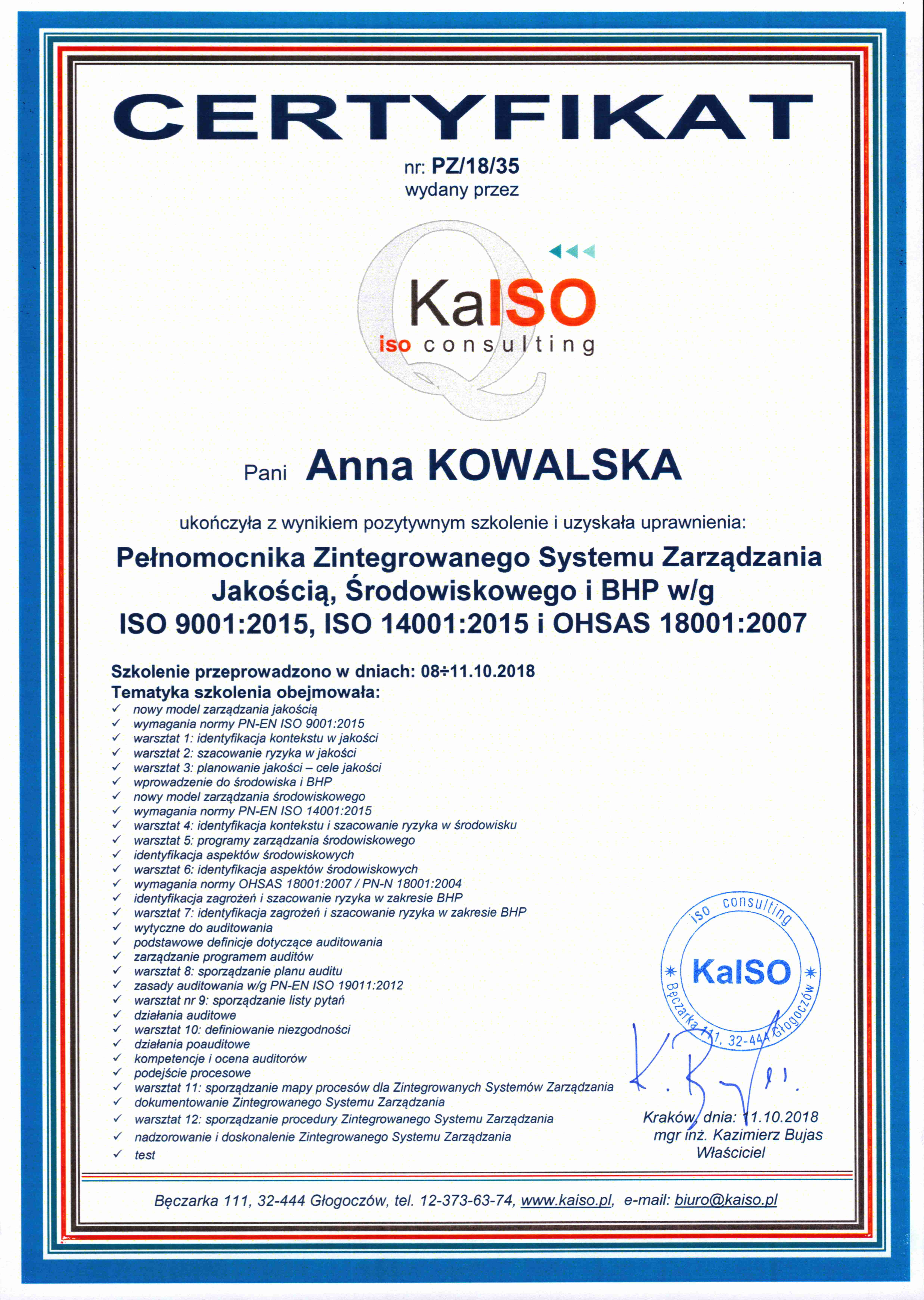 Certyfikat Pełnomocnika ds. ZSZ Jakości, Środowiska i BHP